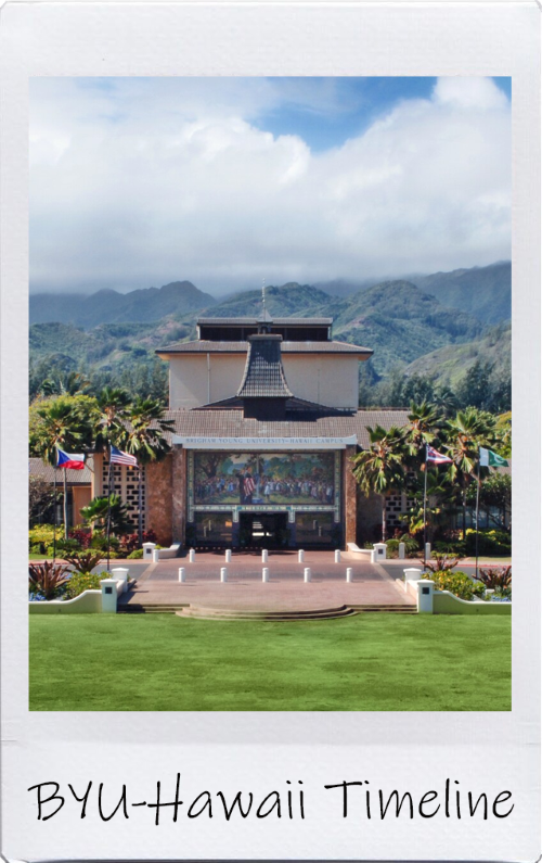 A polaroid photo of BYUH's McKay Foyer, labelled 'BYUH Timeline'