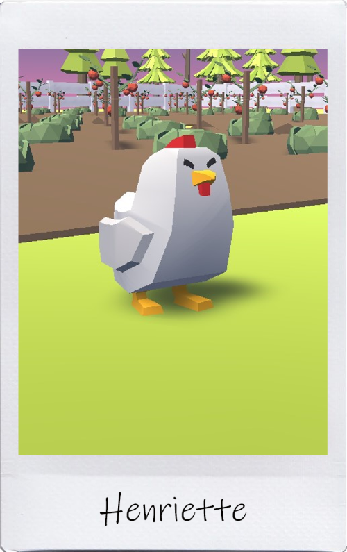 A polaroid photo of a low-poly chicken standing on green grass in front of a garden bed, labelled 'Henriette.'