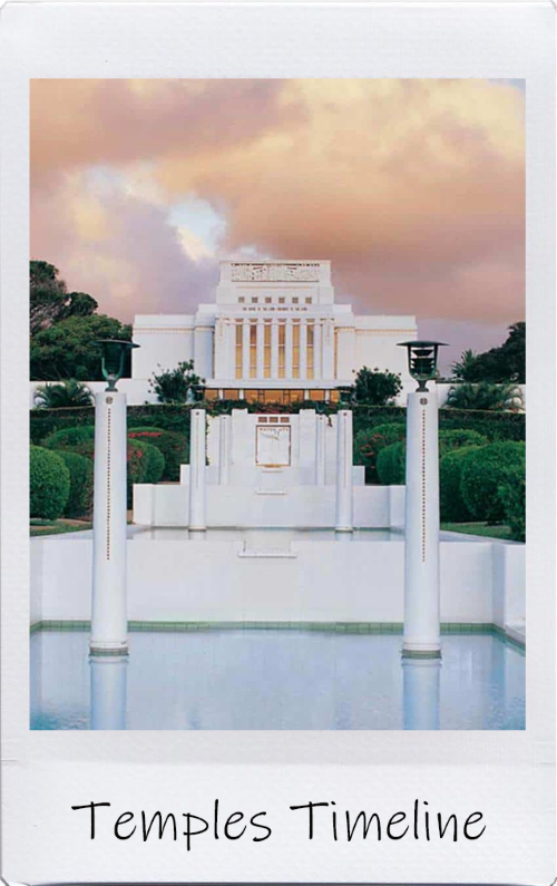 A polaroid photo of the Laie Hawaii Temple, labelled 'Temples Timeline.'